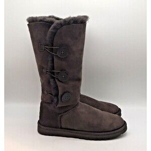 UGG Bailey Button Triplet II Chocolate Suede Boots Women's 8 Tall 12 " Sheepskin